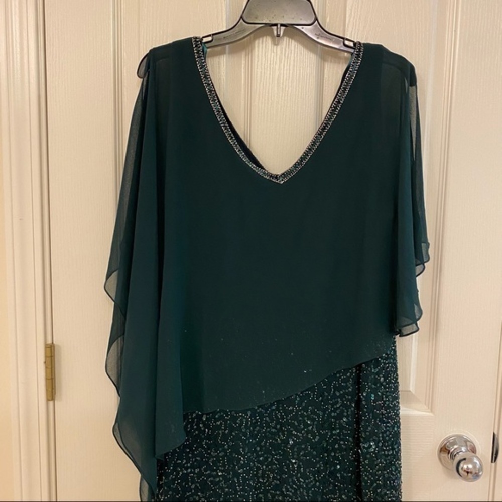 J Kara Asymmetrical-Overlay Embellished Dress in Hunter Green - Picture 6 of 11